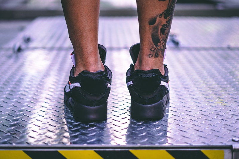off white nike air max 90 black cone white collaboration sneaker on foot release date info closer photo look exclusive info detail