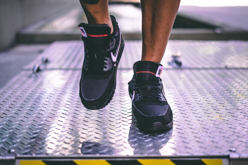 off white nike air max 90 black cone white collaboration sneaker on foot release date info closer photo look exclusive info detail