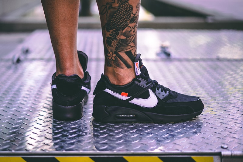 off white nike air max 90 black cone white collaboration sneaker on foot release date info closer photo look exclusive info detail