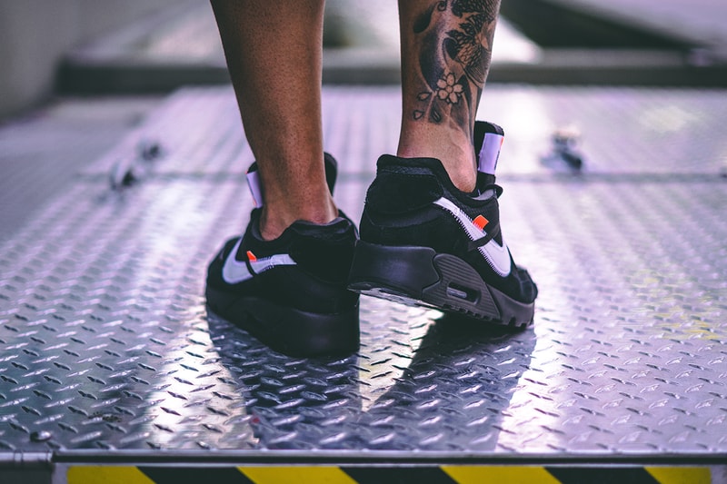 off white nike air max 90 black cone white collaboration sneaker on foot release date info closer photo look exclusive info detail