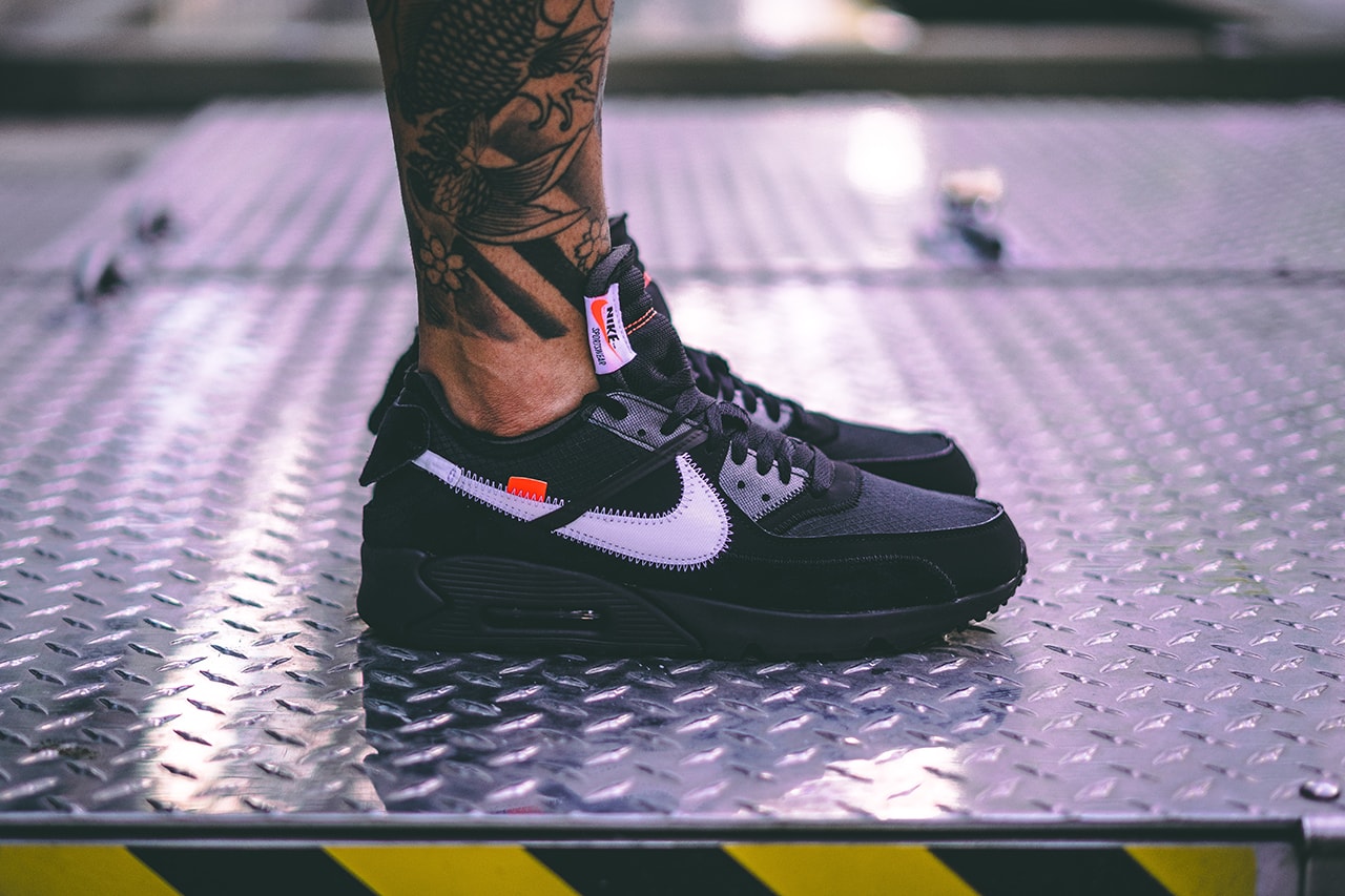 off white nike air max 90 black cone white collaboration sneaker on foot release date info closer photo look exclusive info detail