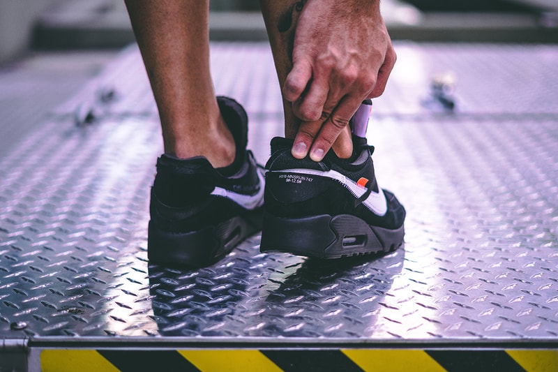 off white nike air max 90 black cone white collaboration sneaker on foot release date info closer photo look exclusive info detail