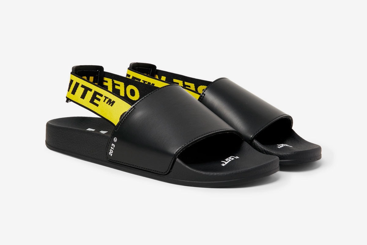 Off White Printed Leather Slides Release Black Belt Webbing Yellow White Virgil Abloh