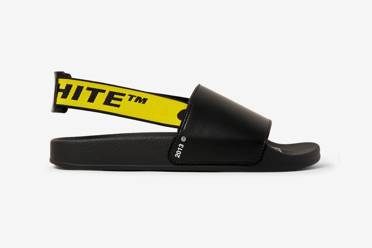 Off White Printed Leather Slides Release Black Belt Webbing Yellow White Virgil Abloh