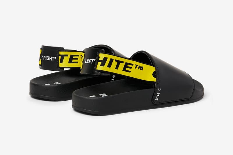 Off White Printed Leather Slides Release Black Belt Webbing Yellow White Virgil Abloh