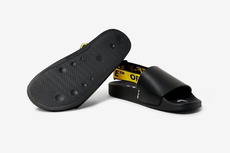 Off White Printed Leather Slides Release Black Belt Webbing Yellow White Virgil Abloh