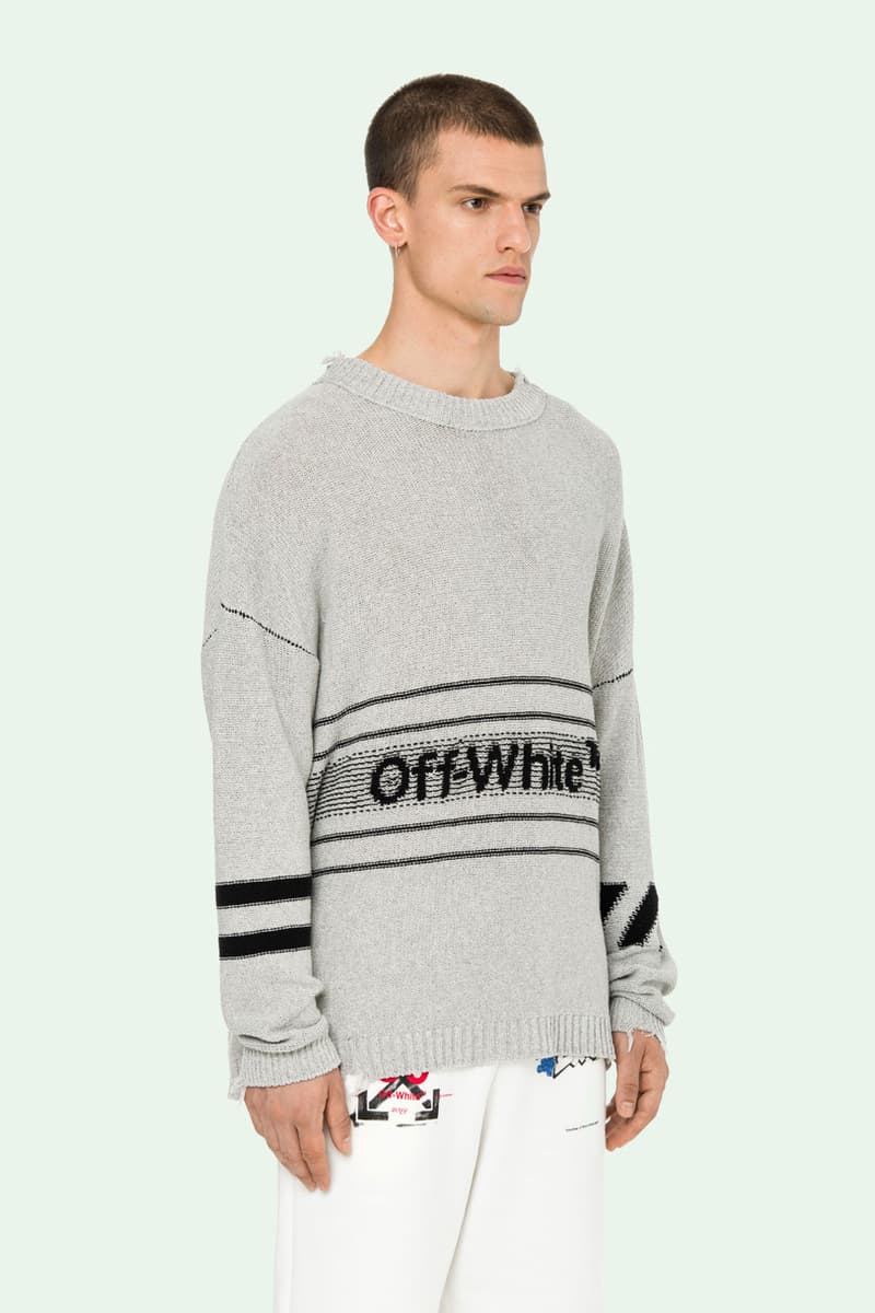 Off-White™ Spring Summer 2019 Pre Order Collection raincoat windbreaker anorak varsity jacket puffer field jacket denim vest knitwear sweatshirt hoodie cargo sweatpants t shirt long short sleeve shorts underwear swimsuit sneakers slide bags backpack pouch wallet belt cap case socks scarf mask keychain towel