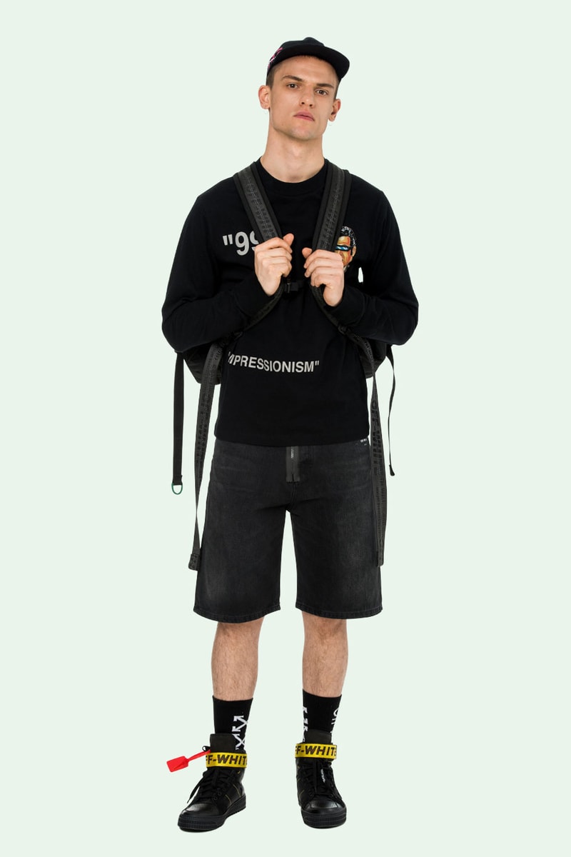 Off-White™ Spring Summer 2019 Pre Order Collection raincoat windbreaker anorak varsity jacket puffer field jacket denim vest knitwear sweatshirt hoodie cargo sweatpants t shirt long short sleeve shorts underwear swimsuit sneakers slide bags backpack pouch wallet belt cap case socks scarf mask keychain towel