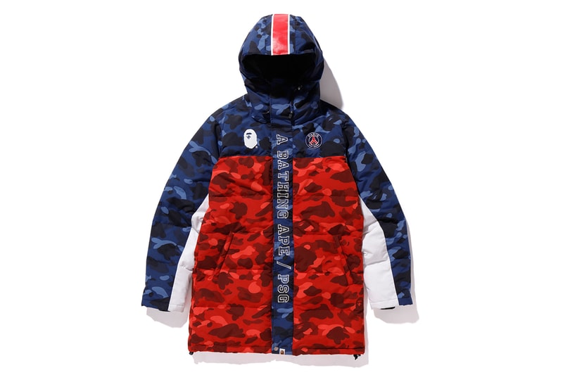 bape psg paris saint germain capsule collection collaboration red blue camouflage down puffer jacket coat ape head white