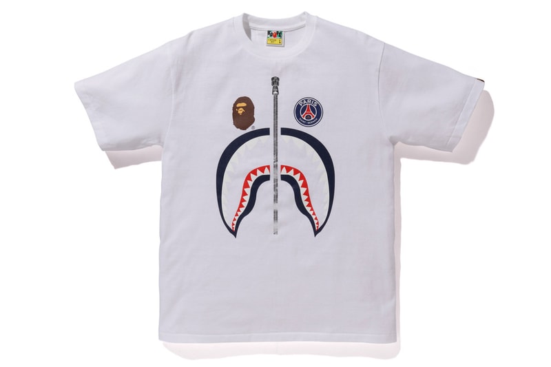bape psg paris saint germain capsule collection collaboration white shark head logo print tee shirt