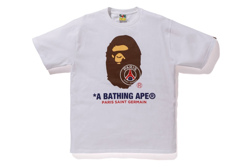 bape psg paris saint germain capsule collection collaboration ape head logo white tee shirt print