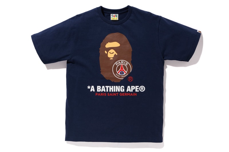 bape psg paris saint germain capsule collection collaboration blue ape head print logo tee shirt