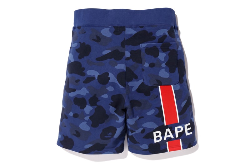 bape psg paris saint germain capsule collection collaboration camouflage shorts blue ape head sweat pants stripe
