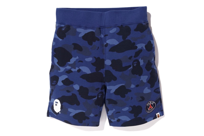 bape psg paris saint germain capsule collection collaboration camouflage shorts blue ape head sweat pants