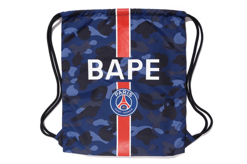 bape psg paris saint germain capsule collection collaboration camouflage bag laundry soccer football tote stripe logo print blue camouflage