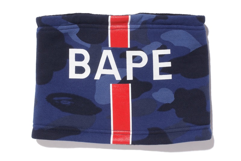 bape psg paris saint germain capsule collection collaboration camouflage neck warmer sport accessory blue black camouflage fleece