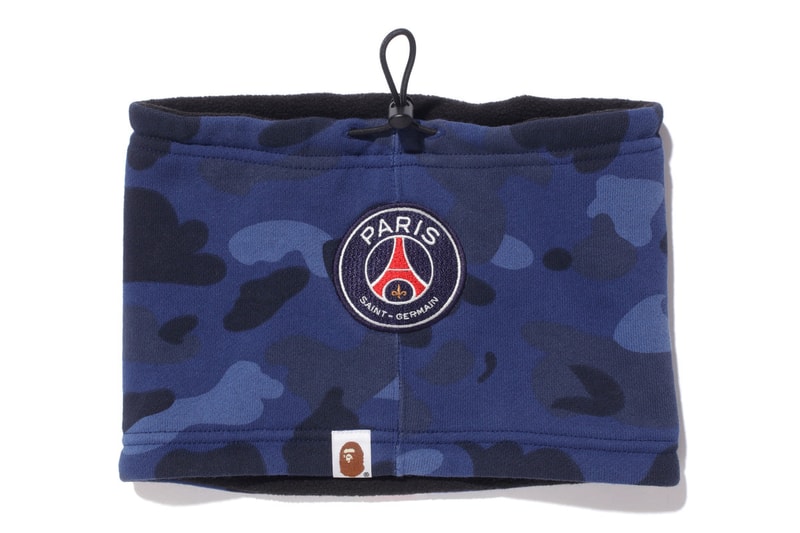 bape psg paris saint germain capsule collection collaboration camouflage neck warmer sport accessory blue black camouflage fleece