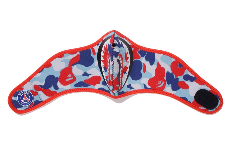 bape psg paris saint germain capsule collection collaboration camouflage white red blue black mask shark mouth head ape