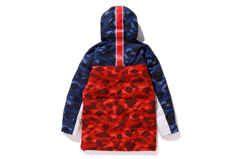 bape psg paris saint germain capsule collection collaboration red blue camouflage down puffer jacket coat back stripe france