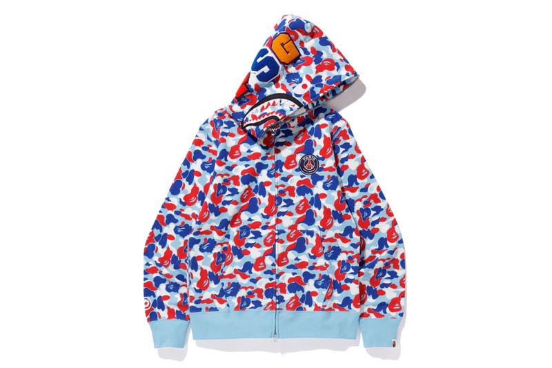 bape psg paris saint germain capsule collection collaboration white blue camouflage zip up shark head hoodie