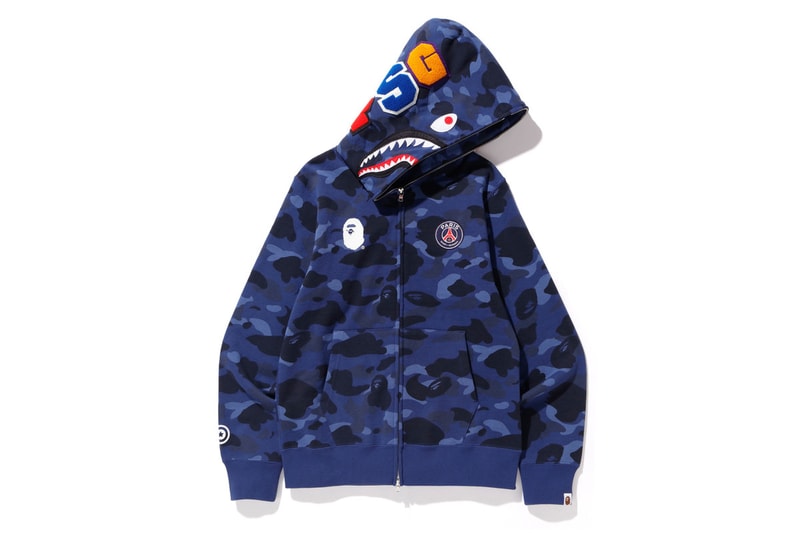 bape psg paris saint germain capsule collection collaboration blue camouflage shark head zip up hoodie ape