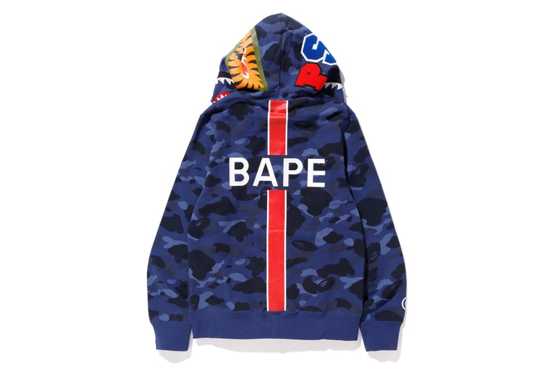 bape psg paris saint germain capsule collection collaboration stripe logo back blue camouflage wgm print logo