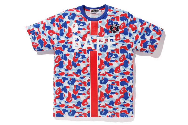 bape psg paris saint germain capsule collection collaboration white blue tee shirt stripe logo ape