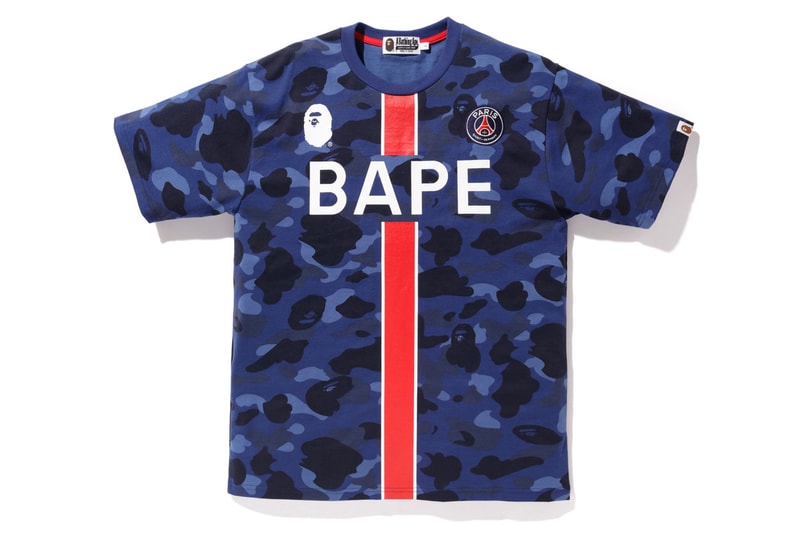 bape psg paris saint germain capsule collection collaboration camouflage first blue stripe logo ape head tee shirt