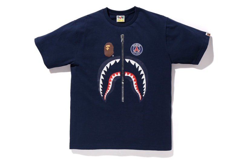 bape psg paris saint germain capsule collection collaboration shark face head tee shirt black logo print