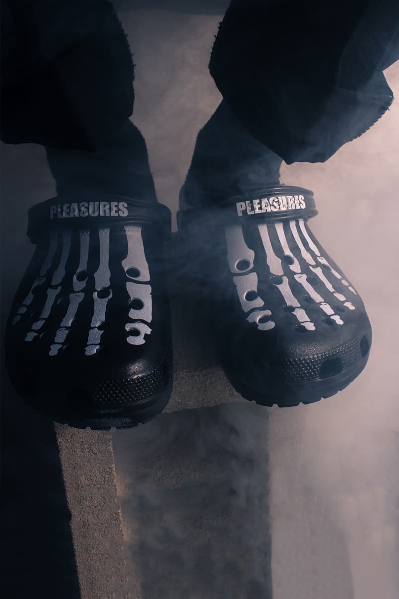 PLEASURES x Crocs Collaboration Release Date black white 2019 footwear sneakers bones graphics skeleton open-toe summer rubber 