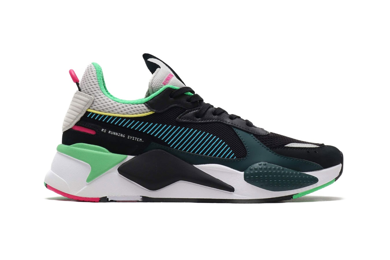 Puma RS-X Toys Black Colorway Sneaker Details Shoes Trainers Kicks Sneakers Footwear Cop Purchase Buy Available Online Now teal pink white grey gray blue green
