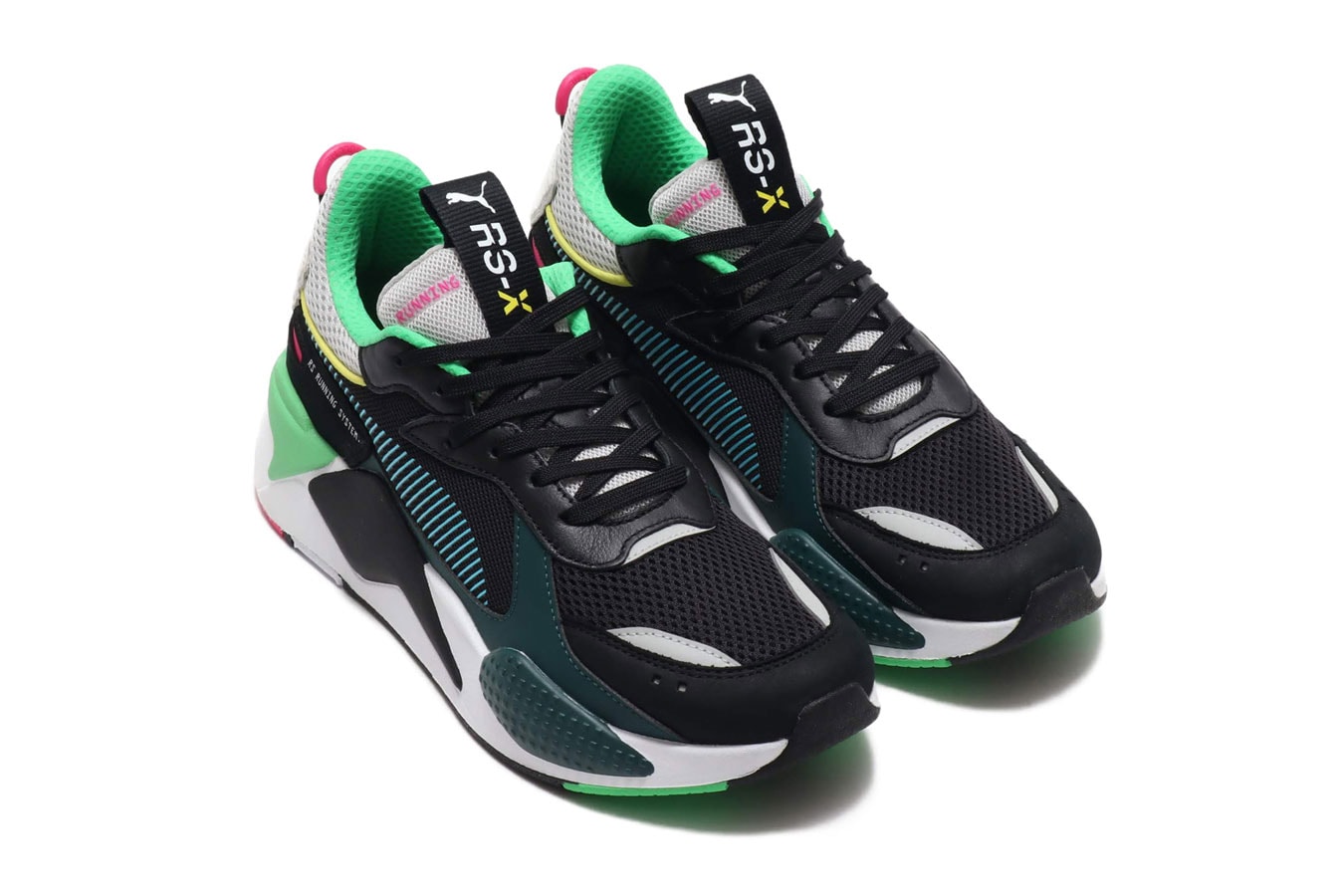 Puma RS-X Toys Black Colorway Sneaker Details Shoes Trainers Kicks Sneakers Footwear Cop Purchase Buy Available Online Now teal pink white grey gray blue green