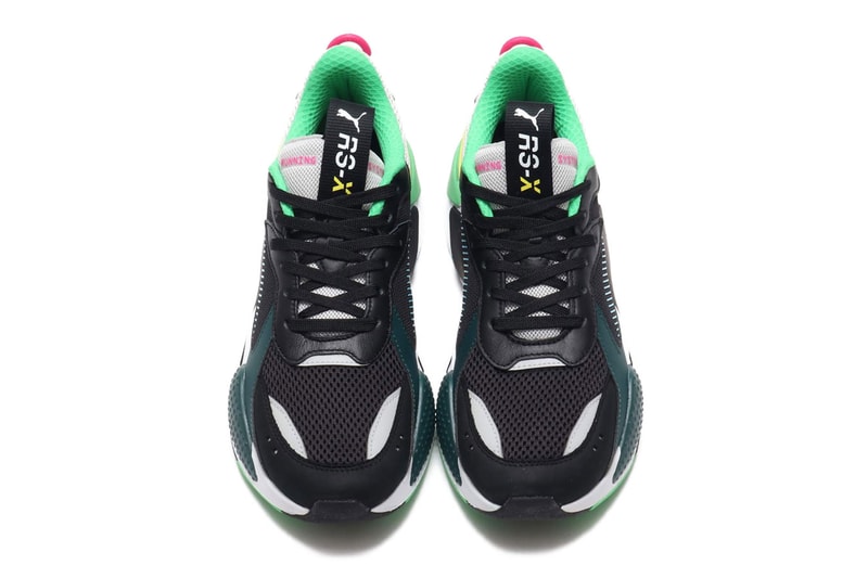 Puma RS-X Toys Black Colorway Sneaker Details Shoes Trainers Kicks Sneakers Footwear Cop Purchase Buy Available Online Now teal pink white grey gray blue green