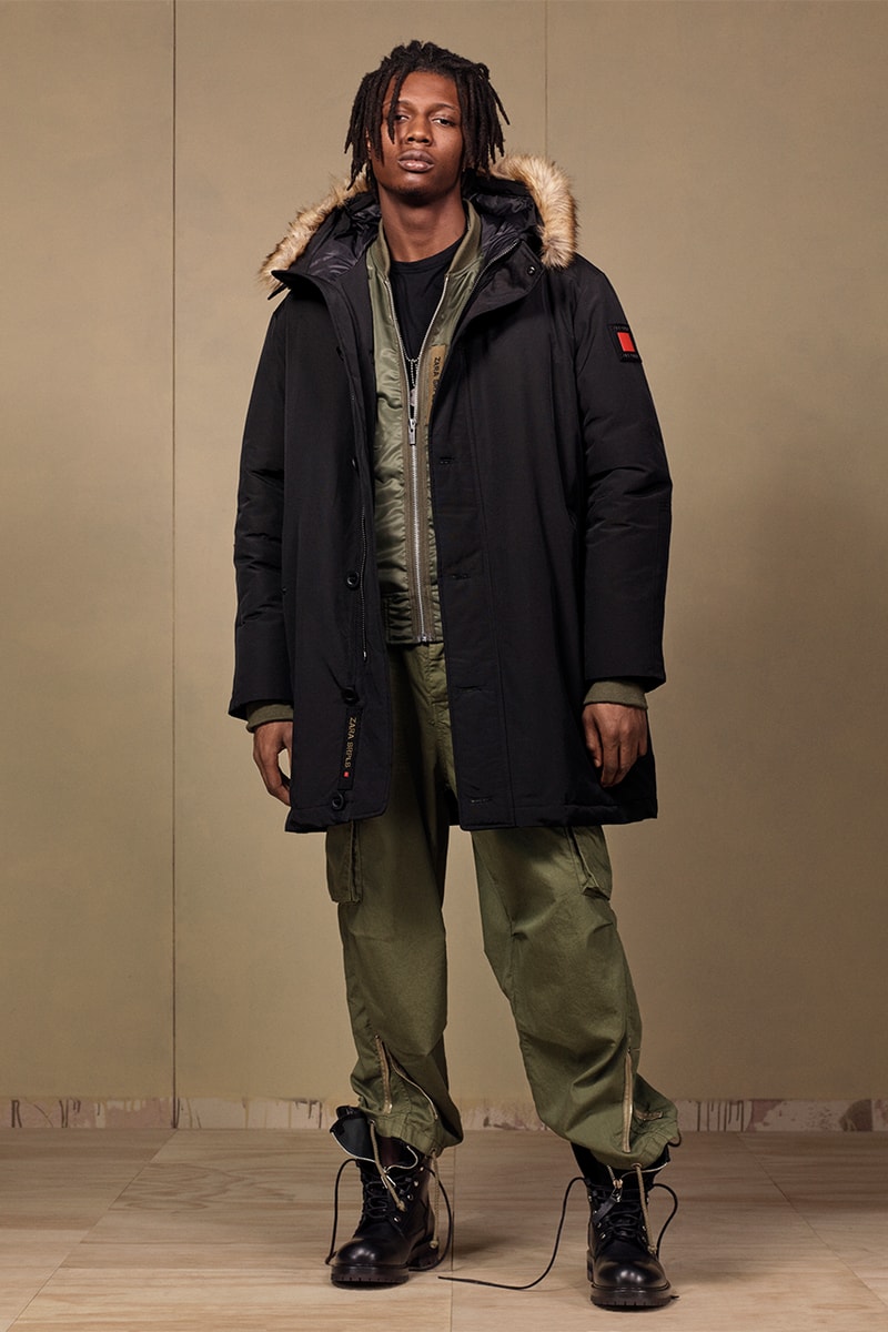Zara "SRPLS" 2018 Lookbook Fashion Clothing Collection Cop Purchase Buy Items Military Streetwear Utilitarian Army Navy Khaki Bomber Camouflage Coat