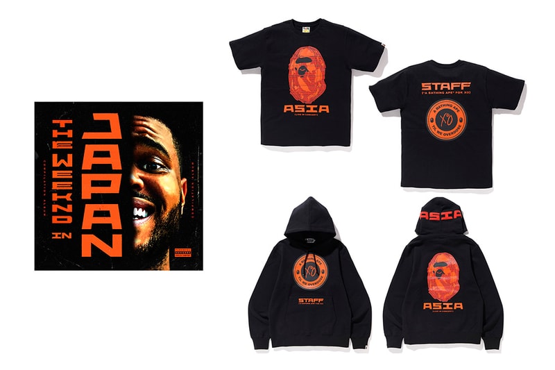 BAPE Japan Debuts Special The Weeknd Merch staff hoodie t-shirt tee black red the weeknd in japan singles cd