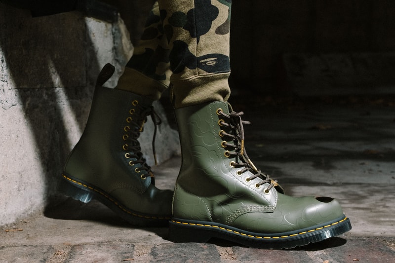 BAPE x Dr. Martens Steel Toe Boots Launch Event lookbook green black leather 10-eye and 3-eye boots