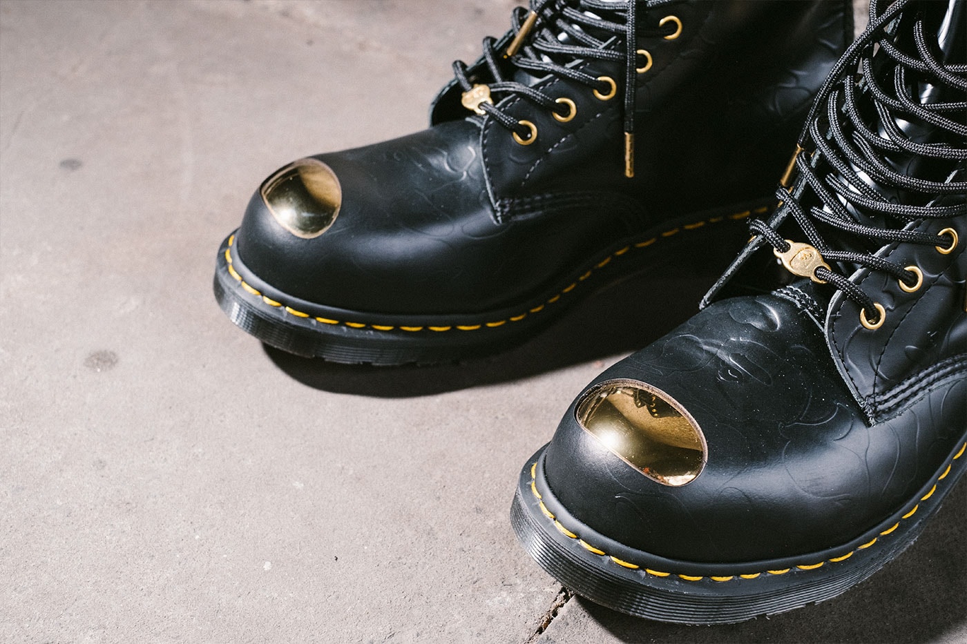 BAPE x Dr. Martens Steel Toe Boots Launch Event lookbook green black leather 10-eye and 3-eye boots