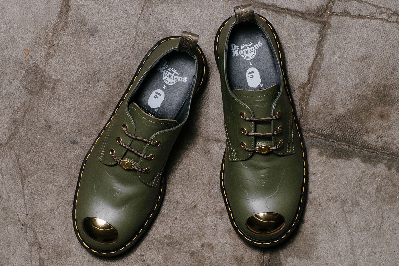 BAPE x Dr. Martens Steel Toe Boots Launch Event lookbook green black leather 10-eye and 3-eye boots
