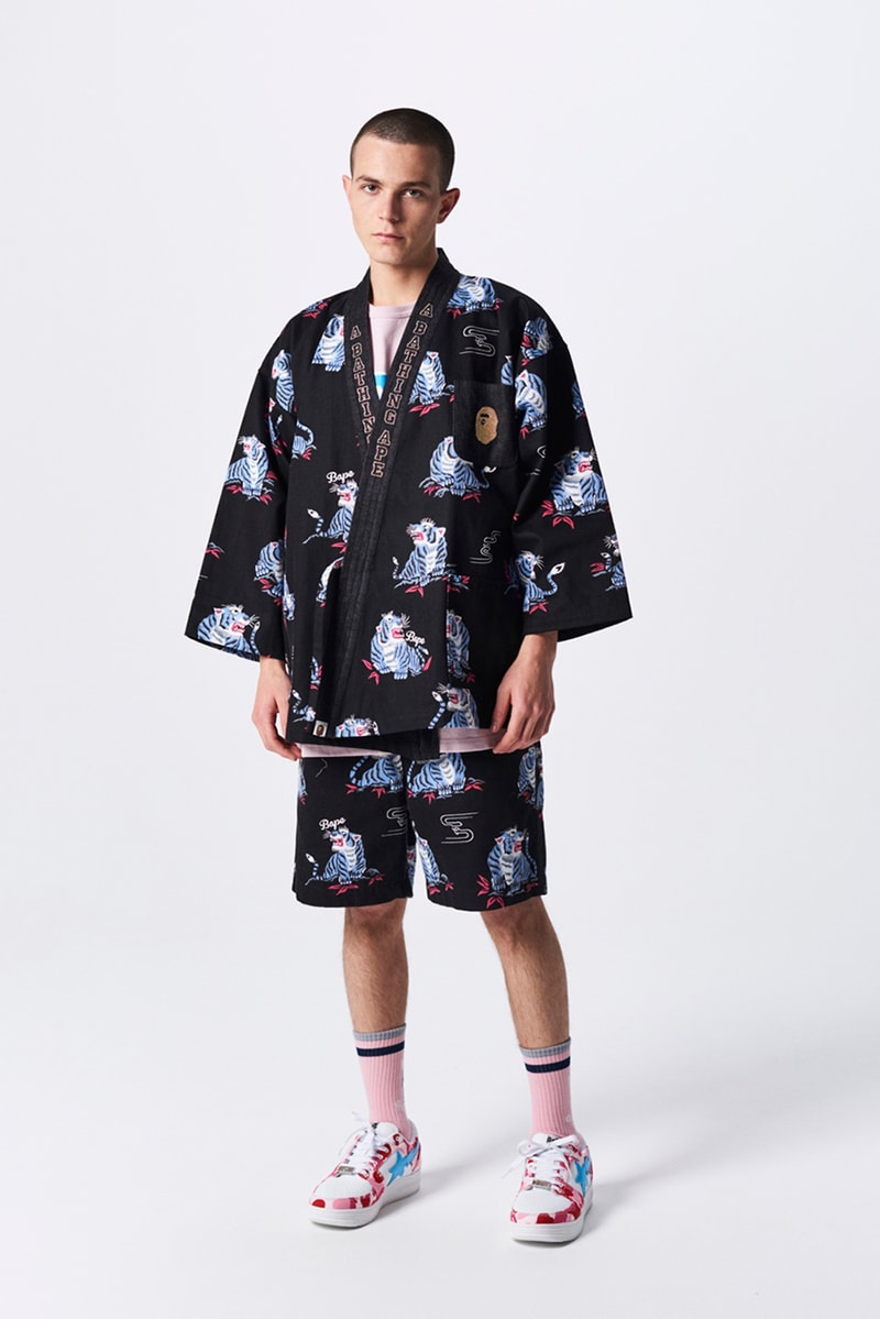 BAPE a bathing ape spring summer 2019 collection lookbook drop release date info japan shark hoodie logo mouth tee shirt jeans shoes sneakers bapesta