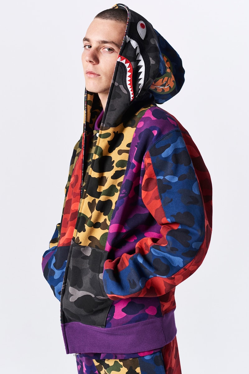 BAPE a bathing ape spring summer 2019 collection lookbook drop release date info japan shark hoodie logo mouth tee shirt jeans shoes sneakers bapesta