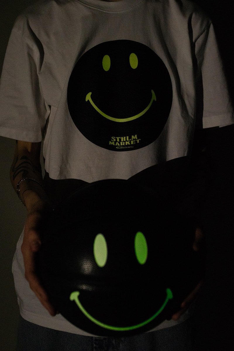 chinatown market caliroots collaboration exclusive tee shirt basketball smiley face black stockholm december 17 2018 release date info buy glow in the dark