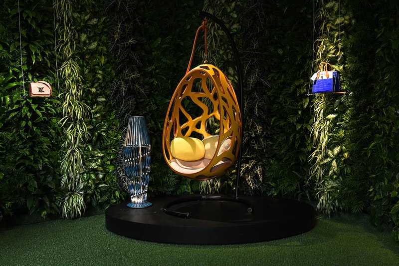 Louis Vuitton Objets Nomades design miami New Designs December 2019 furniture interior design home decor table chair price purchase luxury Atelier Biagetti’s Anemona Table, Atelier’s Oï’s Serpentine Table, and Tokujin Yoshioka’s Blossom Vase, 