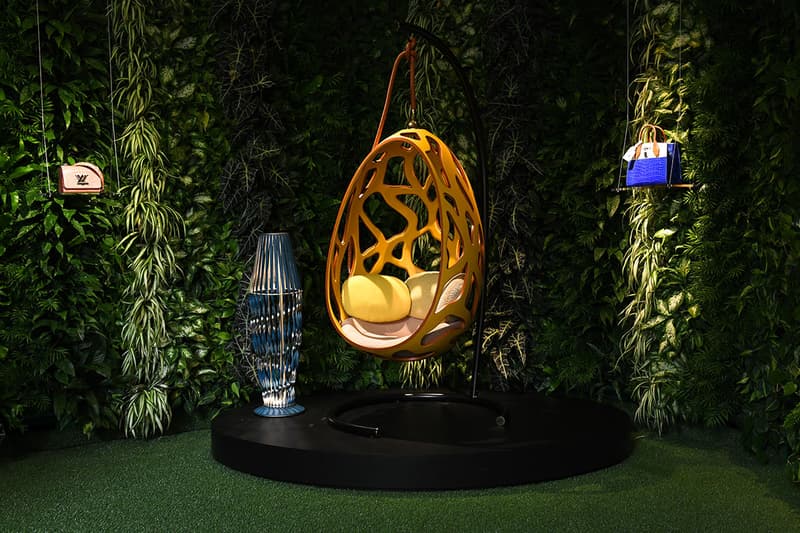 Louis Vuitton Objets Nomades design miami New Designs December 2019 furniture interior design home decor table chair price purchase luxury Atelier Biagetti’s Anemona Table, Atelier’s Oï’s Serpentine Table, and Tokujin Yoshioka’s Blossom Vase,