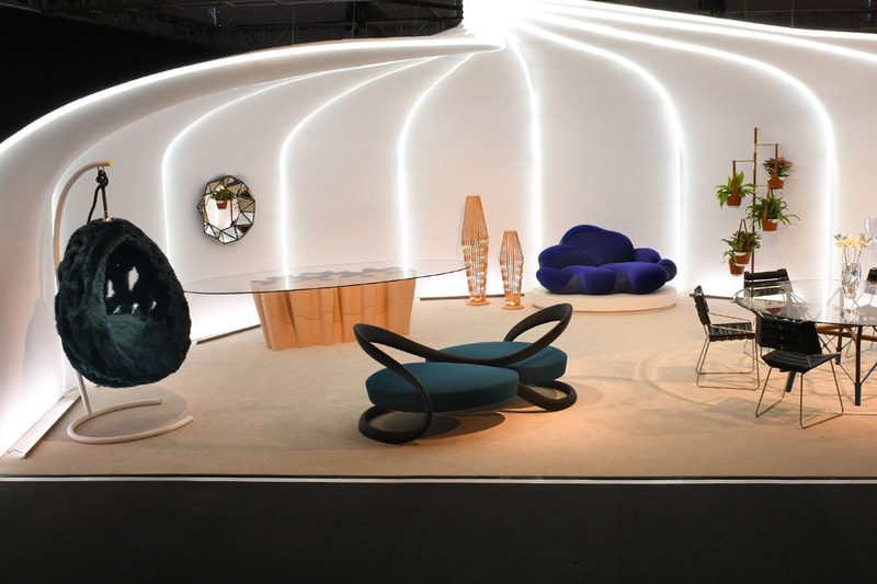 Louis Vuitton Objets Nomades design miami New Designs December 2019 furniture interior design home decor table chair price purchase luxury Atelier Biagetti’s Anemona Table, Atelier’s Oï’s Serpentine Table, and Tokujin Yoshioka’s Blossom Vase, 