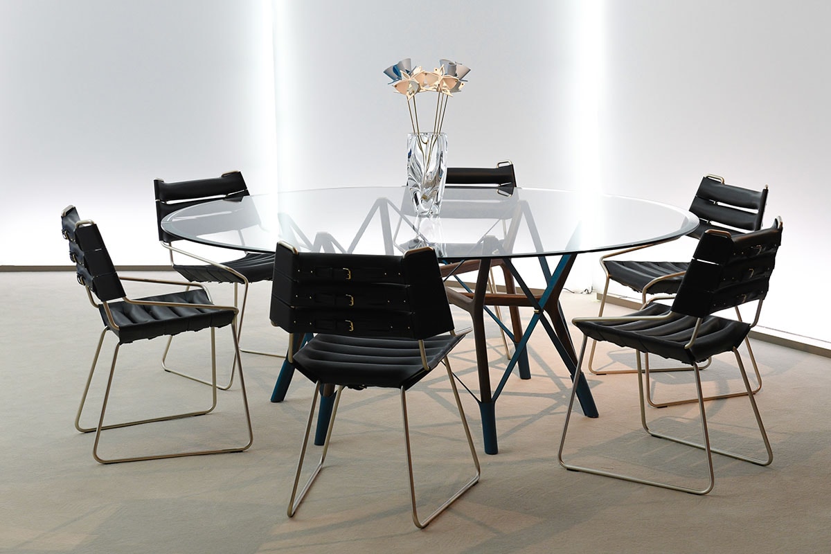 Louis Vuitton Objets Nomades design miami New Designs December 2019 furniture interior design home decor table chair price purchase luxury Atelier Biagetti’s Anemona Table, Atelier’s Oï’s Serpentine Table, and Tokujin Yoshioka’s Blossom Vase, 