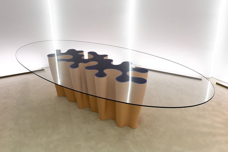 Louis Vuitton Objets Nomades design miami New Designs December 2019 furniture interior design home decor table chair price purchase luxury Atelier Biagetti’s Anemona Table, Atelier’s Oï’s Serpentine Table, and Tokujin Yoshioka’s Blossom Vase,