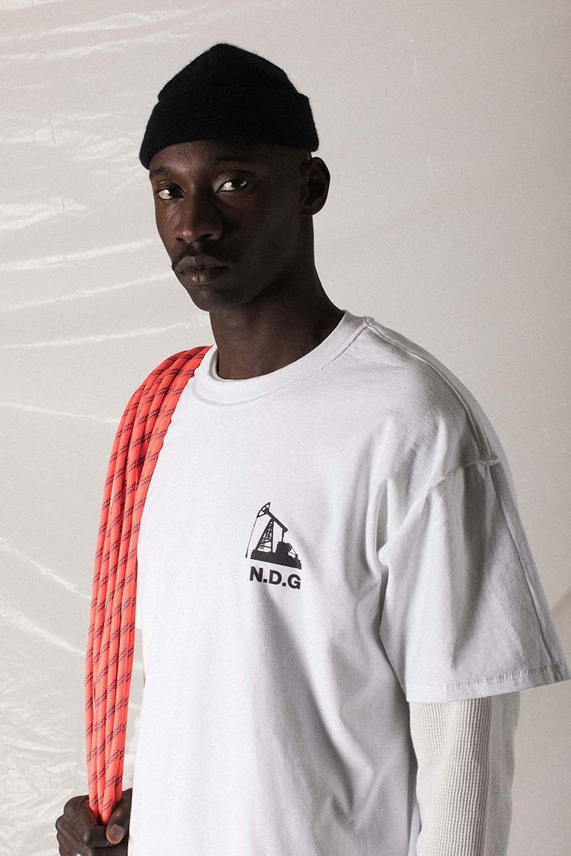 N.D.G. studio "Code de Travail" 2019 Collection lookbook fashion streetwear menswear style release date purchase chest pack cargo pants jumpsuit t shirt sherpa vest hoodie