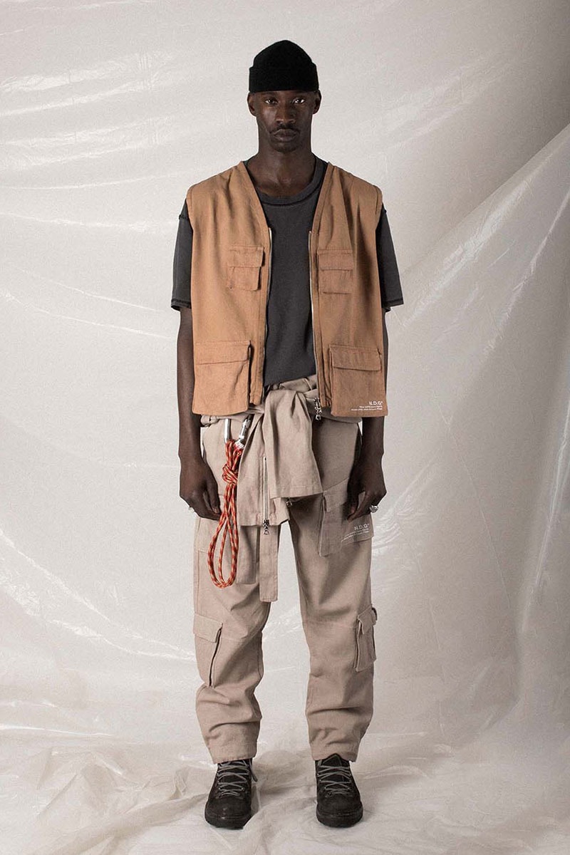 N.D.G. studio "Code de Travail" 2019 Collection lookbook fashion streetwear menswear style release date purchase chest pack cargo pants jumpsuit t shirt sherpa vest hoodie