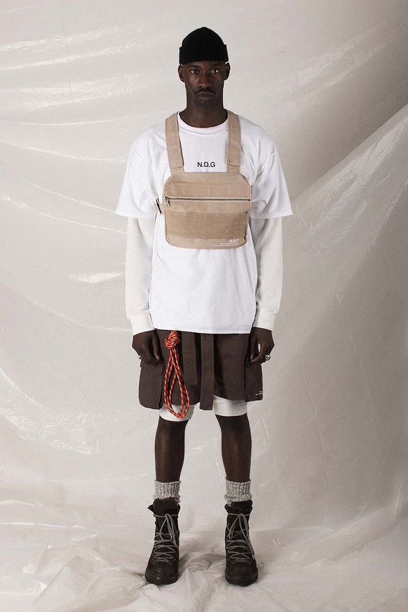 N.D.G. studio "Code de Travail" 2019 Collection lookbook fashion streetwear menswear style release date purchase chest pack cargo pants jumpsuit t shirt sherpa vest hoodie