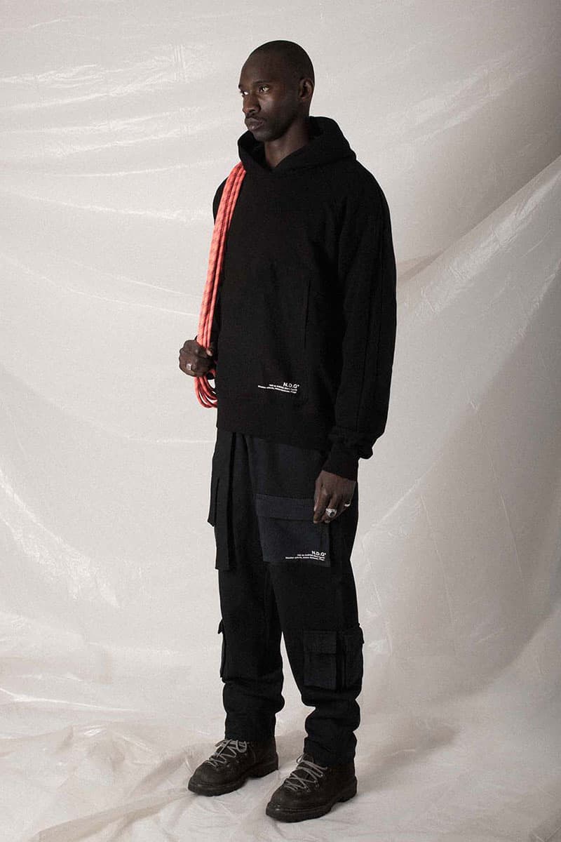 N.D.G. studio "Code de Travail" 2019 Collection lookbook fashion streetwear menswear style release date purchase chest pack cargo pants jumpsuit t shirt sherpa vest hoodie